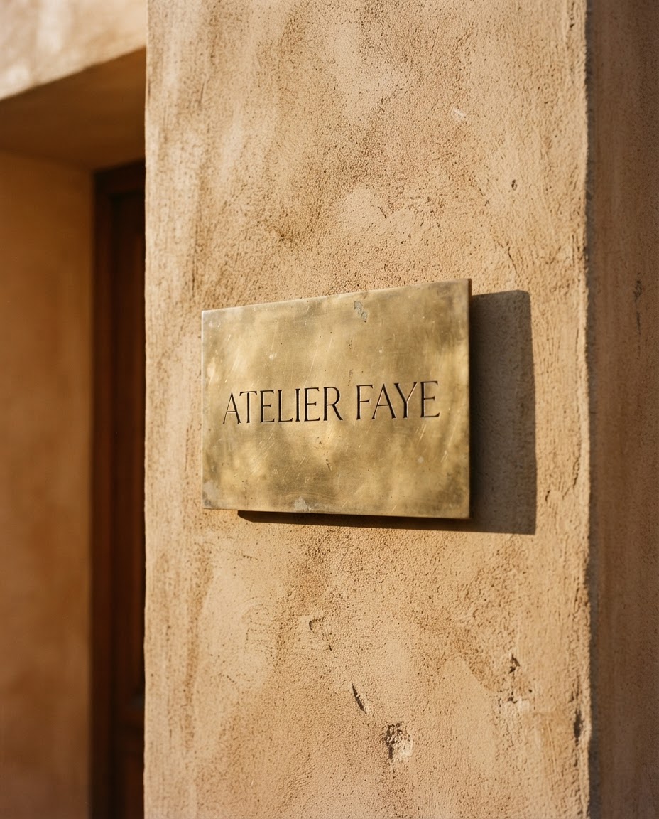 Plaque de signalétique en laiton avec un logotype serif sur un mur en plâtre