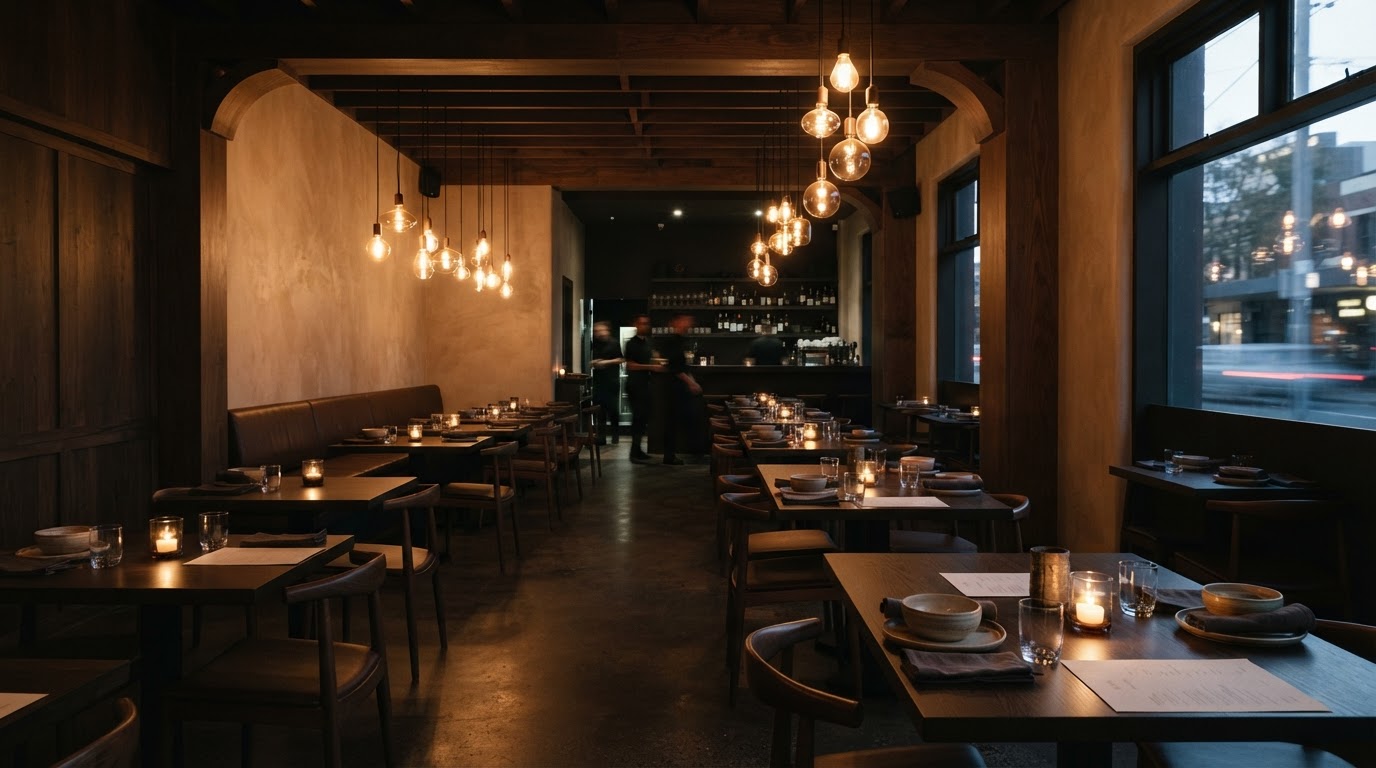 Intérieur de restaurant minimal et chaleureux au crépuscule