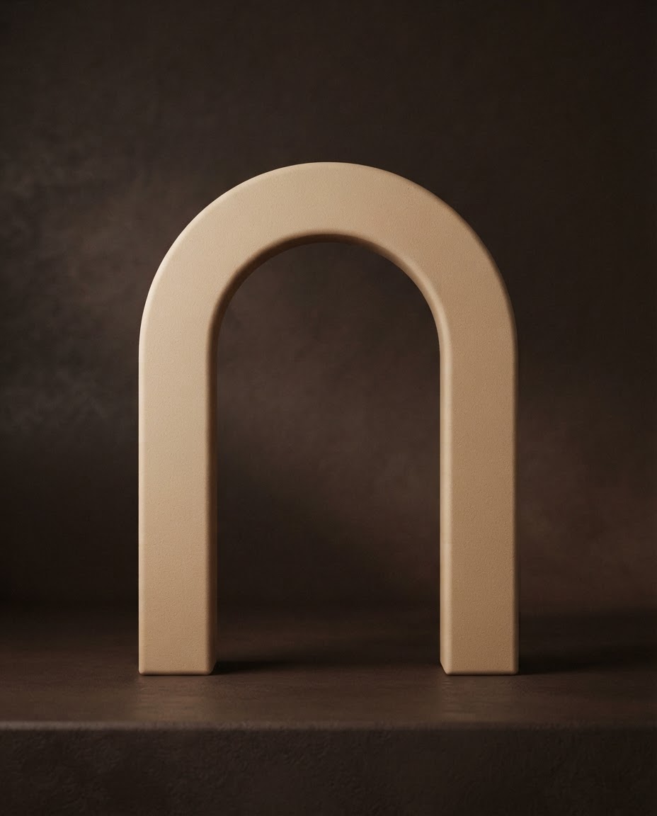 Rendu doux d'une forme d'arche beige mat sur fond d'atelier brun