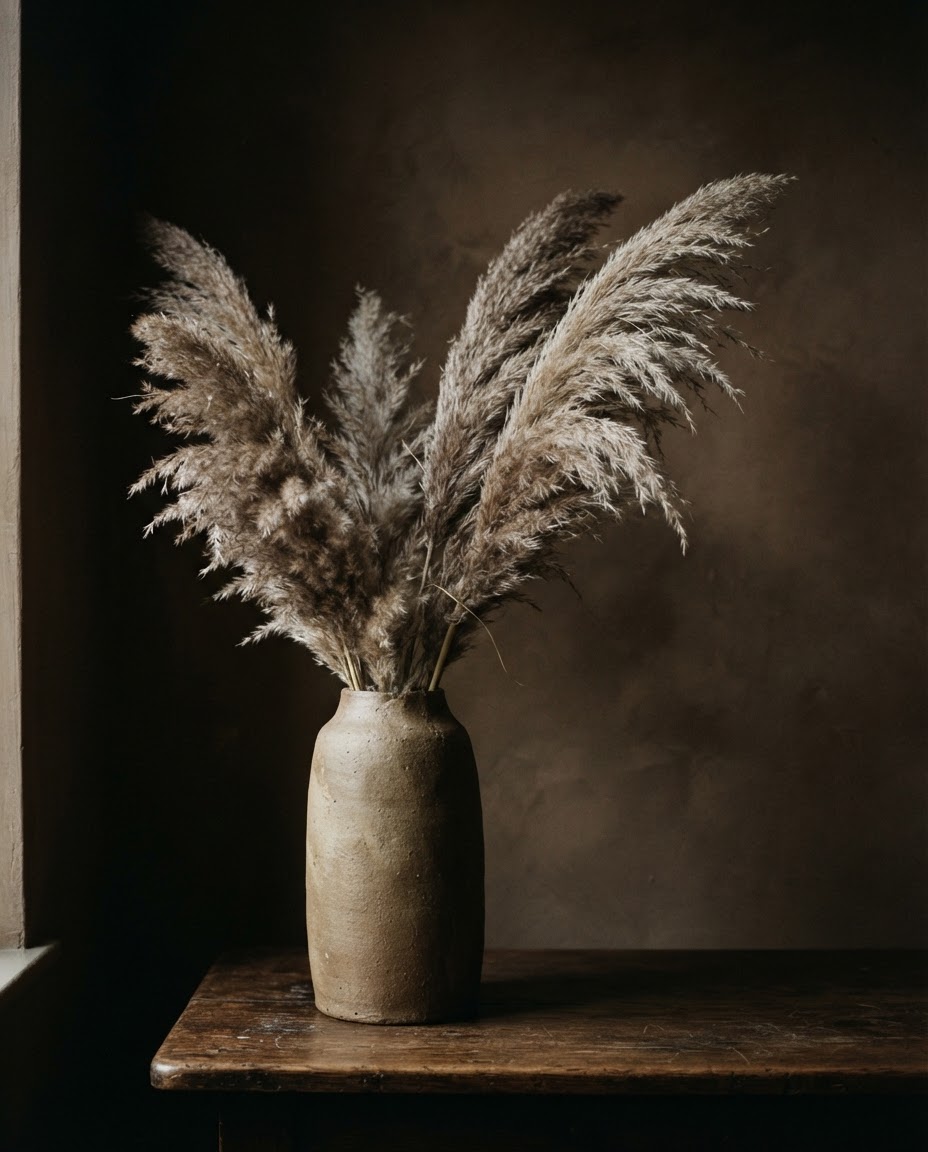 Herbe de pampa séchée dans un vase en pierre sous une lumière douce