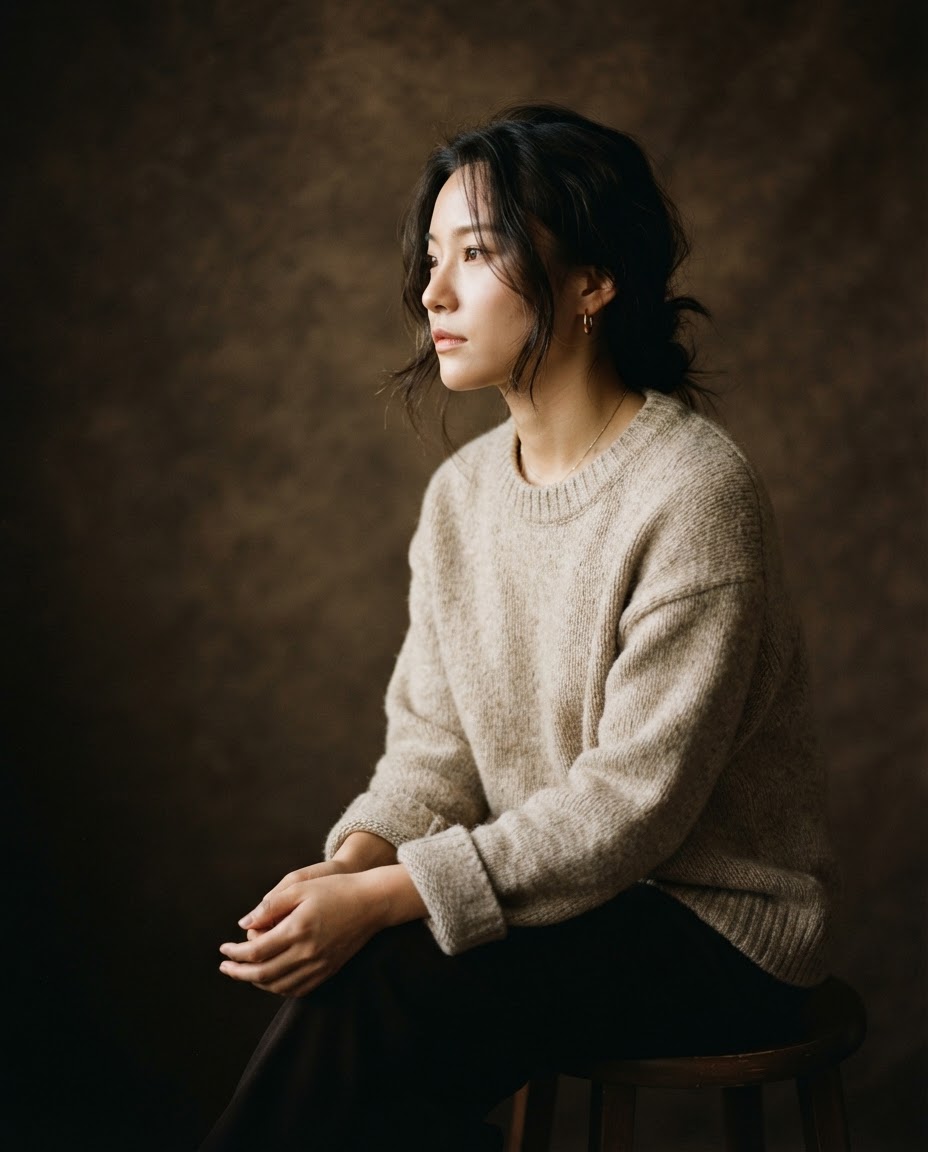 Phoebe Seok assise en pull en laine sur fond d'atelier sombre