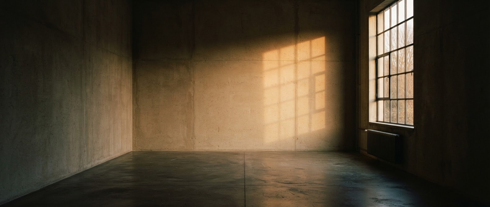 Salle de galerie en béton vide avec une lumière ambrée tombant sur un mur couleur sable