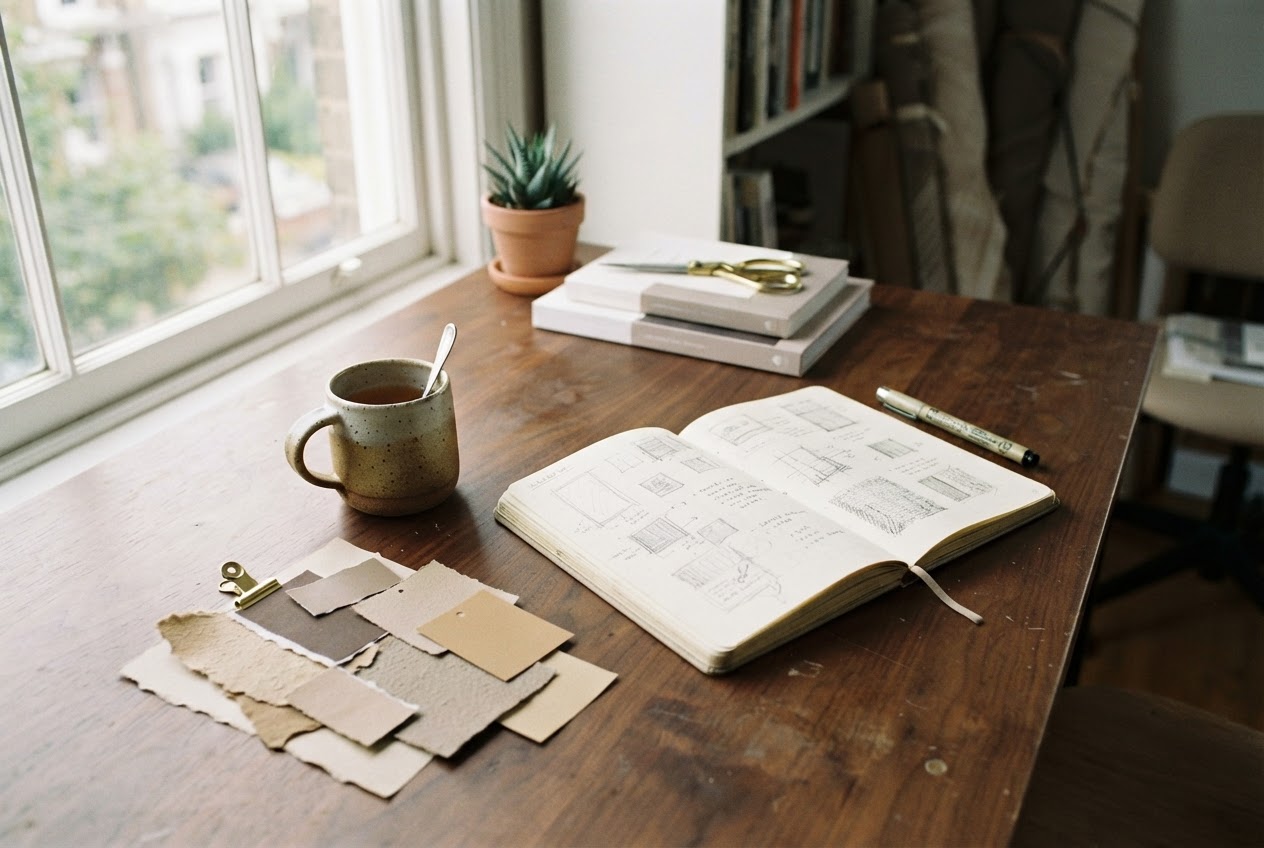 Bureau d'atelier avec carnet de croquis, tasse en céramique et échantillons de couleur