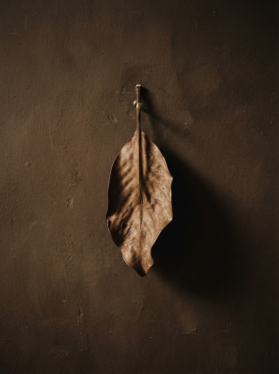 Feuille de magnolia séchée épinglée sur un mur brun foncé chaud