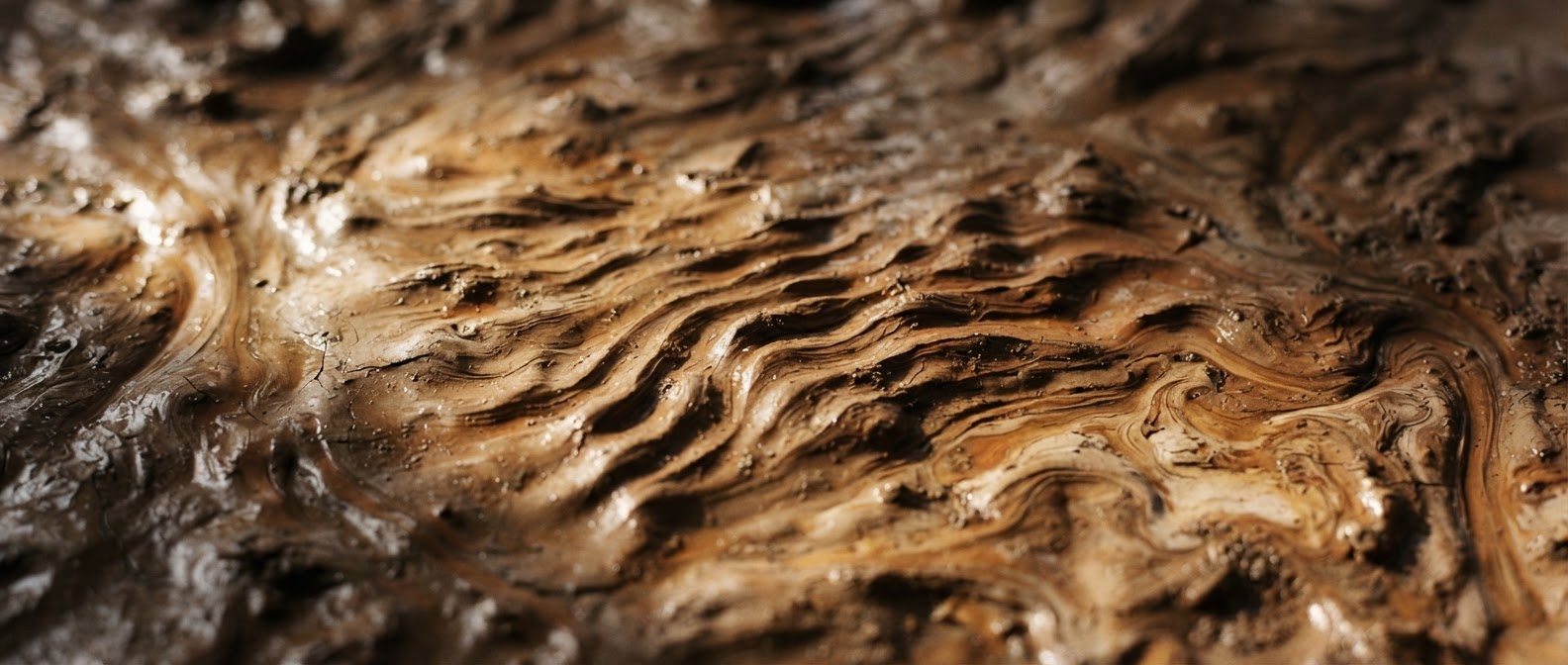 Photographie macro de coulure d'argile humide ondulée en tons umber et os