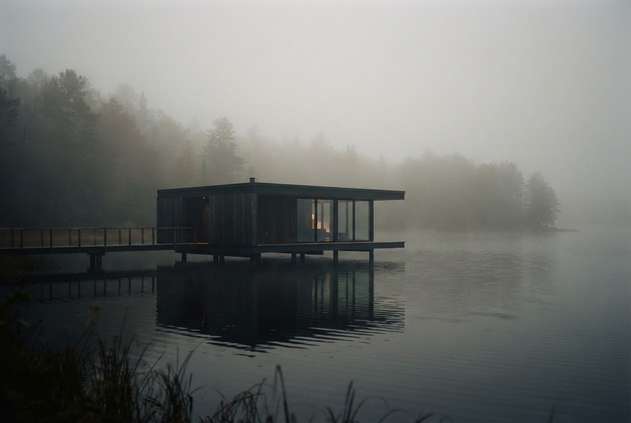 Pavillon en bois sombre au-dessus d'un lac dans le brouillard
