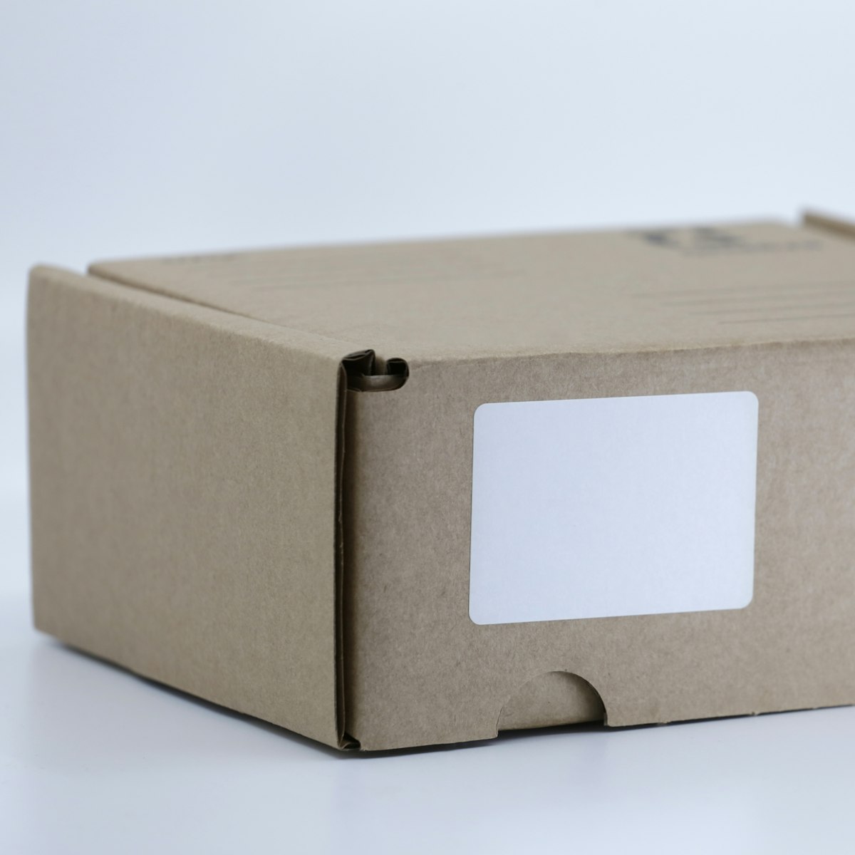 Boîte carton minimaliste avec étiquette blanche, packaging épuré